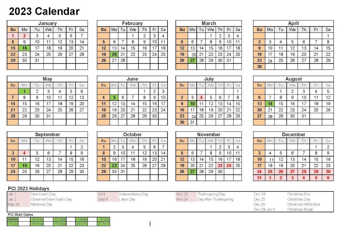 PCI 2023 academic calendar