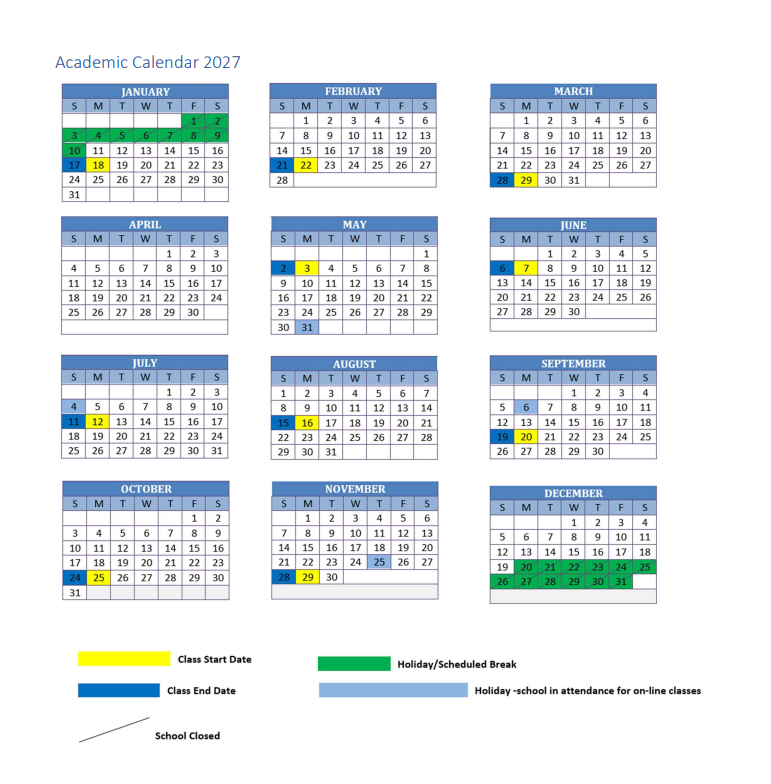 PCI 2027 academic calendar