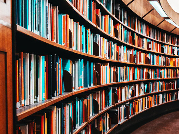 Shelves in a library full of books