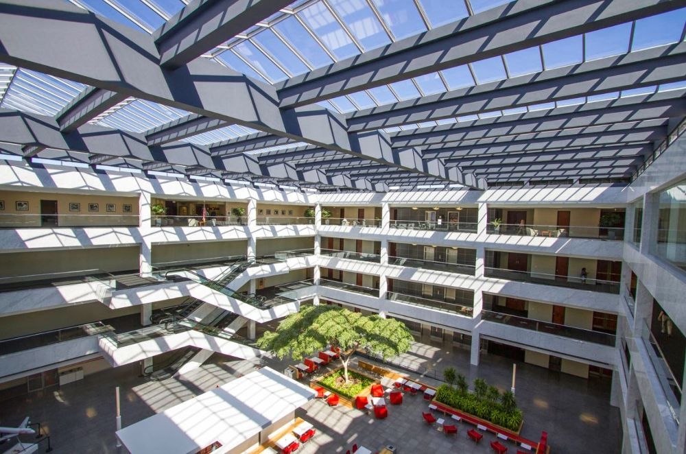 Four-story atrium inside the PCI campus building